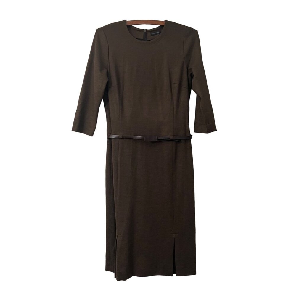 Tombolini Italy Womens Brown Wool Blend Leather Belted Pleated Sheath Dress Sz 6